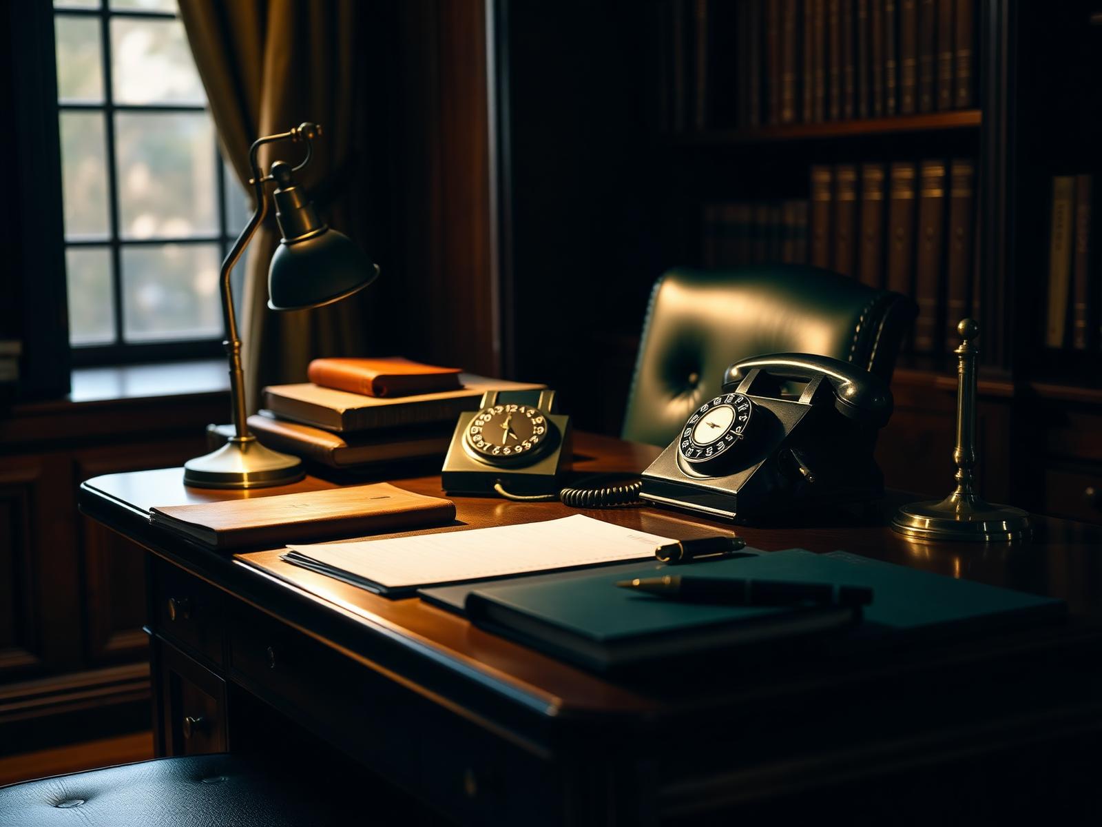 A vintage executive desk with a rotary telephone and brass lamp