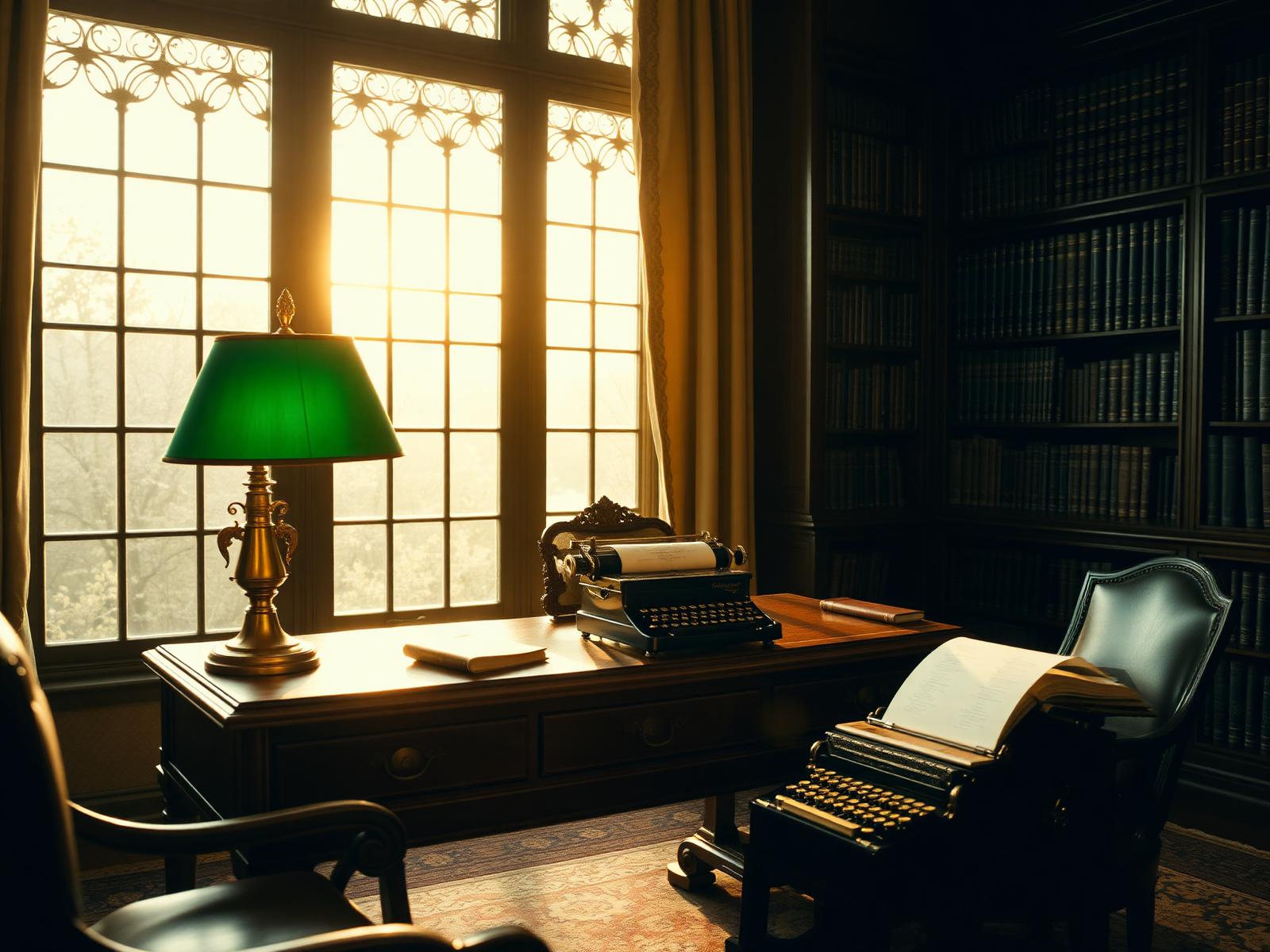 An old-world study with brass lamp and leather books